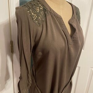Skies Are Blue Olive and Taupe Lace Detail Top